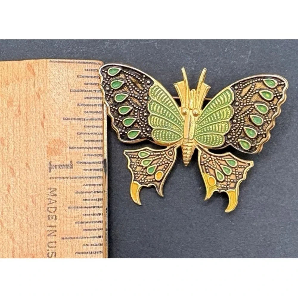 Vintage Damascene Butterfly Green Enamel Brooch Made in Spain Retro
